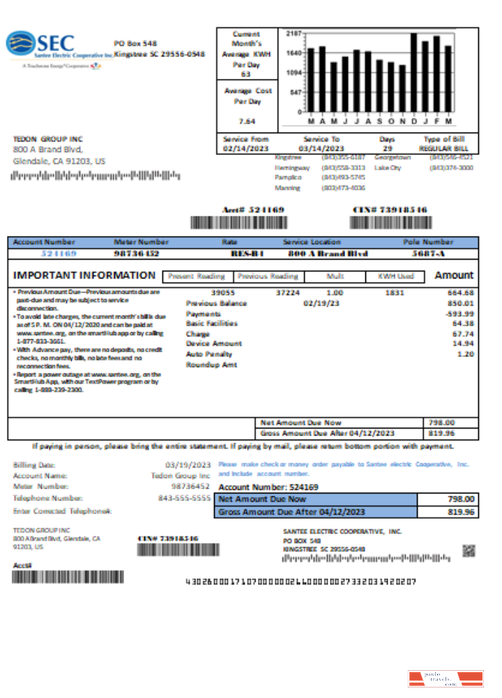 Santee Electric Cooperative Inc (SEC) proof of address utility business bill, SCR PSD template